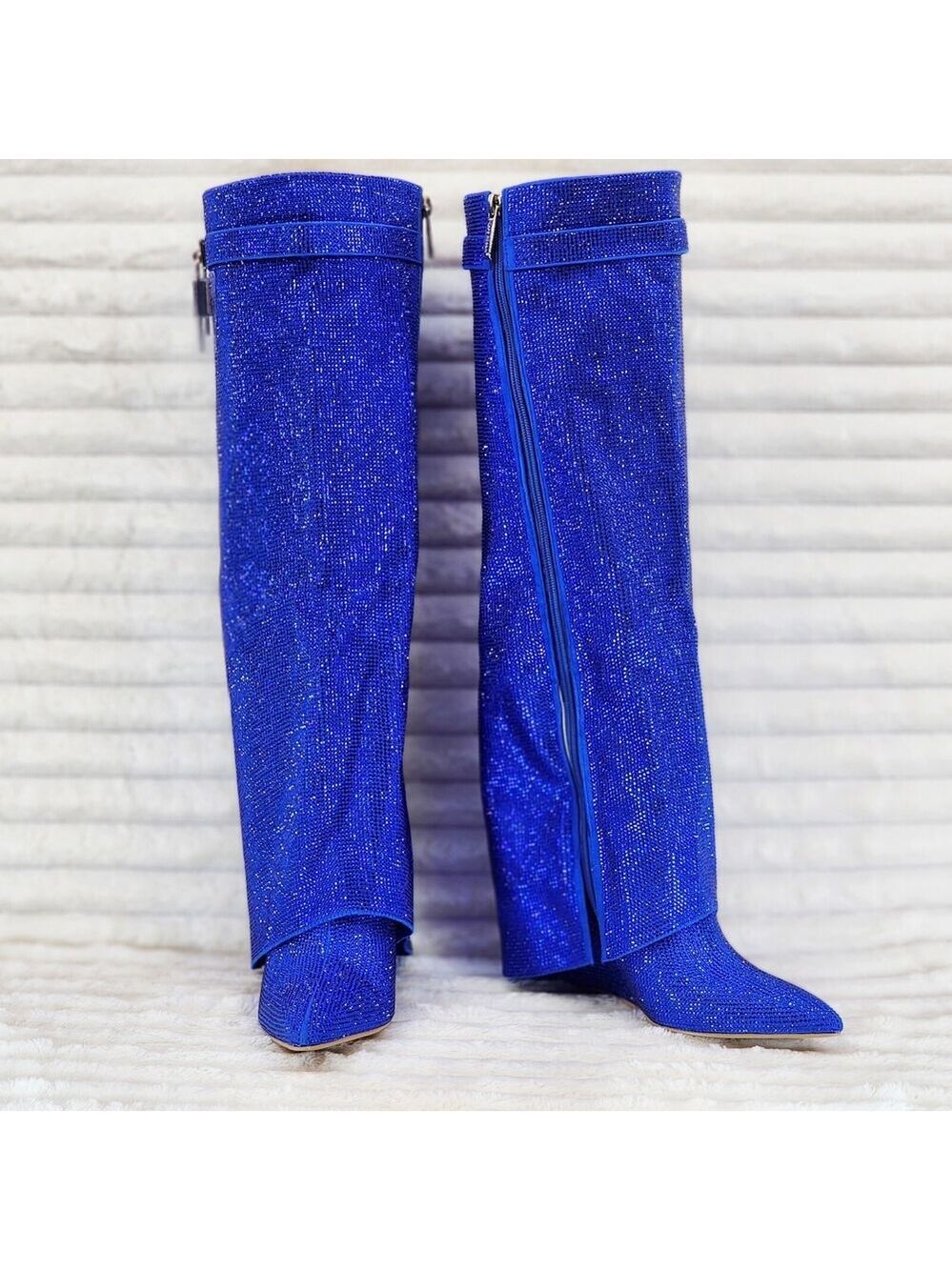 NIB Super Sparkle Sharky Skirted Fold Over Wedge Heel Knee Boots Royal Blue - Picture 9 of 15